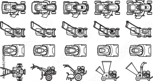 Overhead Illustration of Lawn Care Equipment. A detailed top-down view of various lawn care equipment in a visually organized arrangement. 