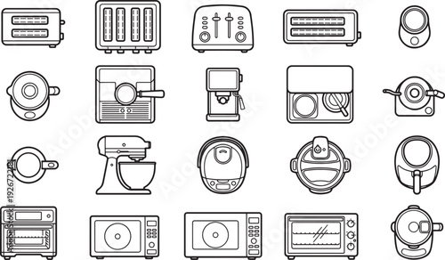 An array of assorted domestic appliances captured in a neat and organized top-down view, showcasing an organized collection for seamless everyday living and the design of household innovation.