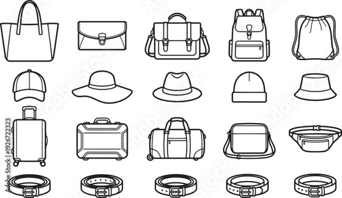 A stylish set of travel accessories and bags, showcasing a diverse range of items for any journey or fashion. The black-and-white minimalist design highlights each piece's unique shape.