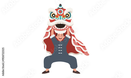 Man Performing Traditional Chinese Lion Dance Illustration