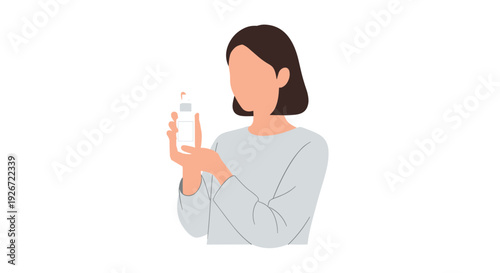 A woman with short dark hair wearing a grey long-sleeved shirt holds a small white pump bottle in her hands against a plain white background.