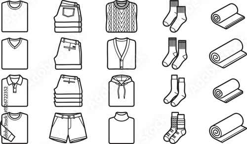 An assortment of essential clothing items artfully arranged, creating a visually pleasing and organized display for shopping or inventory purposes.