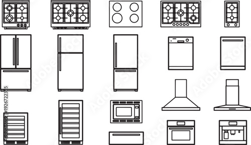 An illustrated collection of kitchen appliances, from ovens and cooktops to refrigerators and dishwashers, forming a modern kitchen design concept.
