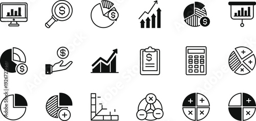 Business finance and analytics icon set with charts, graphs, calculator and money symbols, black line vector illustration isolated on white background.