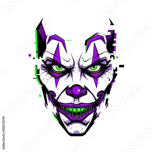 Scary Clown Face with Glitch Effect, Horror and Evil Character Art