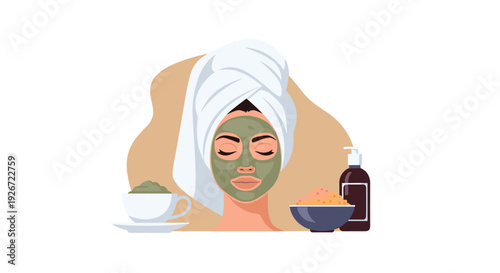 A woman wearing a green clay facial mask and a white head towel sits behind a cup of tea, bath salts, and a cosmetic bottle.