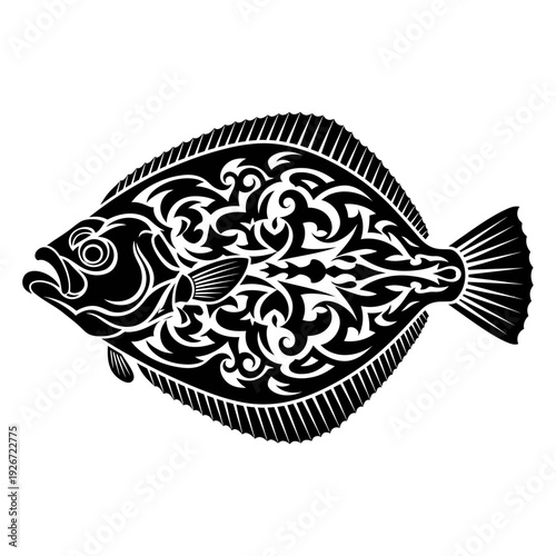 Black Flounder Fish Silhouette with Intricate Tribal Tattoo Pattern