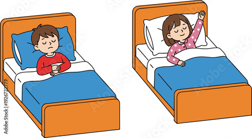 Cartoon Illustration of a Boy Sleeping Peacefully and a Girl Waking Up Stretching in Bed for Childrens Healthy Sleep Habits and Morning Routines