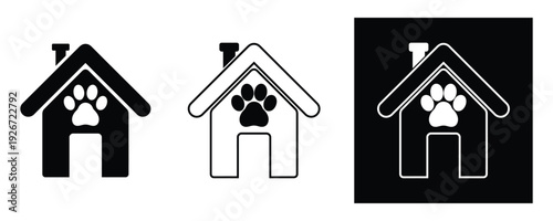 Set of dog house icons in black and white for pet or real estate branding