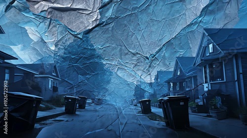 Moody Urban Nighttime Street: Textured Blue Lighting with Rubbish Bins in Contemporary Suburban Neighborhood Photography