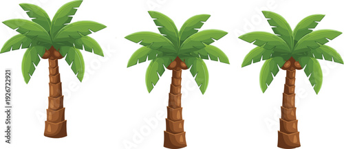 Cartoon palm trees collection with tropical coconut palms, green leaves and brown trunks, summer beach landscape vector illustration isolated on white background.