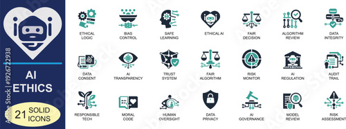 AI ethics solid vector icon set for modern UI and apps, featuring privacy, trust, security and responsible technology symbols in clean vector style for web and mobile interfaces.