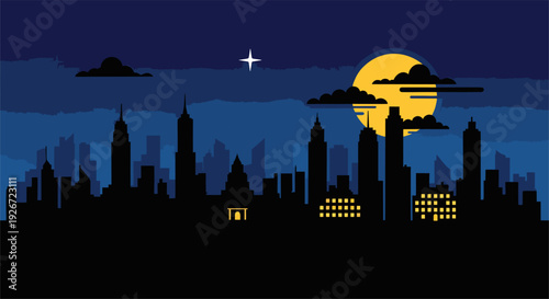 Cityscape illustration at dusk with skyscrapers and moonlit sky