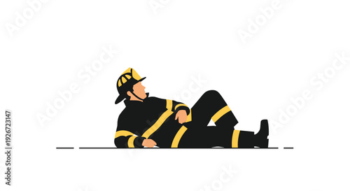 A flat vector illustration of a firefighter wearing a black and yellow protective uniform lying on the ground while propped up on one elbow.