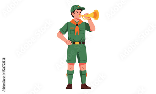 Boy Scout Blowing Horn in Green Uniform Vector Illustration