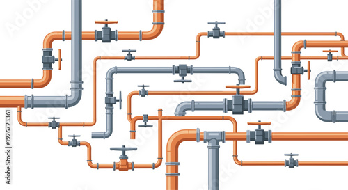 An intricate network of orange and gray industrial pipes with multiple gray valves and elbow joints arranged in a clean geometric pattern on a white background.