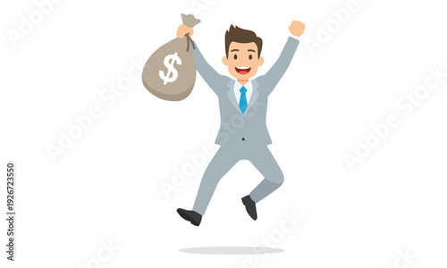 Businessman Jumping with Arms Raised Holding a Dollar Money Bag