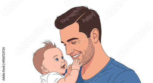 A bearded man in a blue shirt holds a smiling infant with a tuft of brown hair against a plain white background in a close-up view.