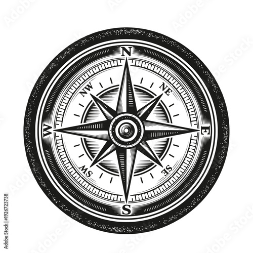 Exquisite vintage compass rose illustration, a timeless black and white woodcut style design depicting a classic navigational tool with cardinal points, perfect for nautical, travel, and adventure the