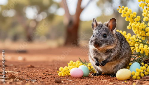 Quokka near yellow mimosa flowers and pastel Easter eggs on red earth. Outback animal for Australian Easter celebration. Seasonal holiday.