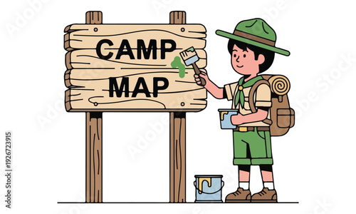 Scout boy painting "CAMP MAP" on a rustic wooden sign