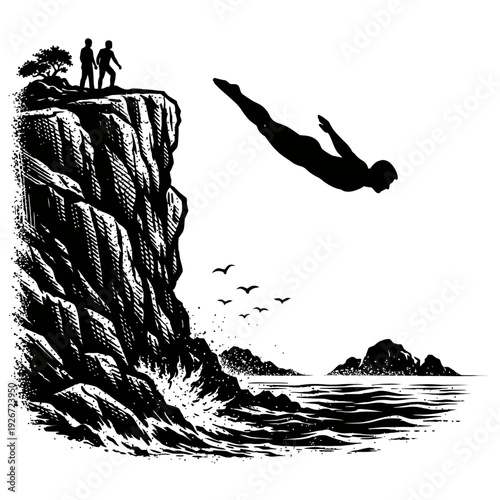Dynamic black and white silhouette of a person performing a thrilling cliff dive into the ocean below. Two figures observe from a rugged cliff, with waves, birds, and islands adding to the powerful sc
