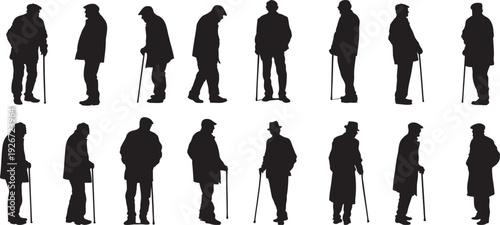 Senior Men with Walking Stick Silhouette Vector Set