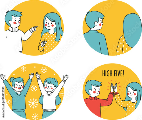 Cute couple interaction illustration showing communication misunderstanding joy friendship high five moments
