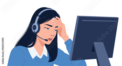 A woman wearing a blue sweater and a headset looks stressed while touching her forehead and staring at a computer screen against a white background.