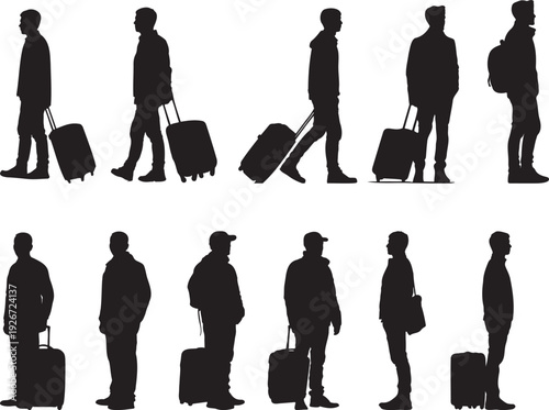 Men with Suitcases at Airport Silhouette Set