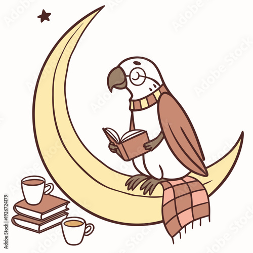 Creative SVG: Funny Parrot with sitting on a moon in a Cozy Reading colored Bookworm Day theme