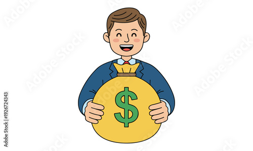 Happy Businessman Holding Money Bag with Dollar Sign