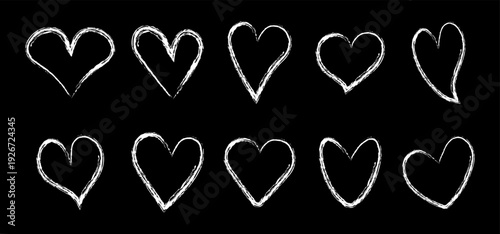 Hand drawn hearts with pencil texture in outline. Vector doodle illustration.