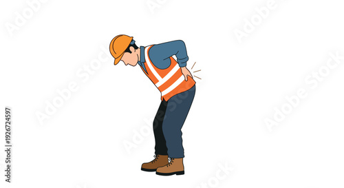 A construction worker in a yellow hardhat and orange safety vest bends forward while clutching his lower back in pain against a white background.