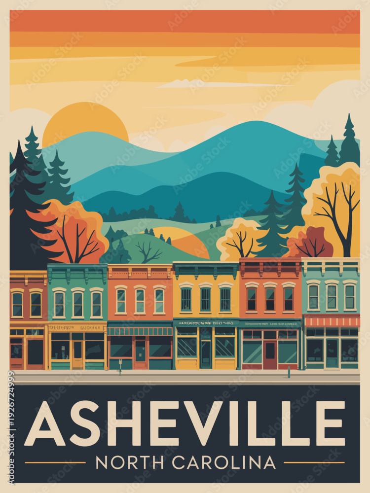 Obraz premium Asheville Wall Art, North Carolina travel poster with vintage design, bold text, and retro aesthetic illustration