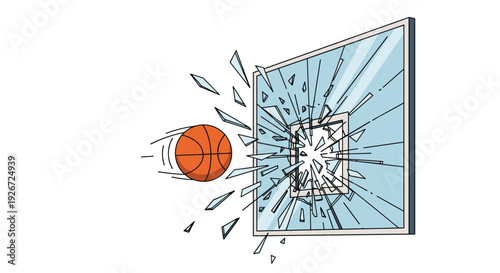 A basketball flies through the air causing a glass backboard to shatter into numerous sharp fragments against a plain white background.