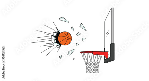 A basketball crashes through a wall with flying glass shards next to a basketball hoop and backboard against a plain white background.