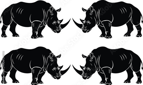 Set of black rhinoceros silhouettes isolated on white background African safari wildlife animal icons for conservation and nature design vector