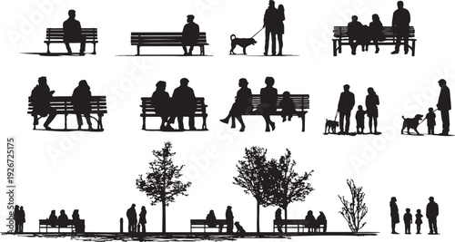 People Sitting on Benches Silhouette Vector Set