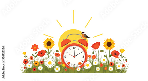 A red alarm clock with a small bird perched on top sits in a field of sunflowers and poppies under a bright yellow sun.