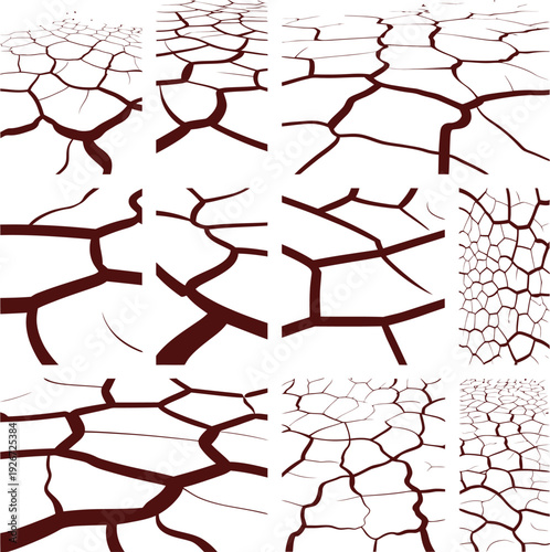 Abstract vector grid of twelve cracked earth textures with dark brown fissures on white background, symbolizing dryness and soil fragmentation.
