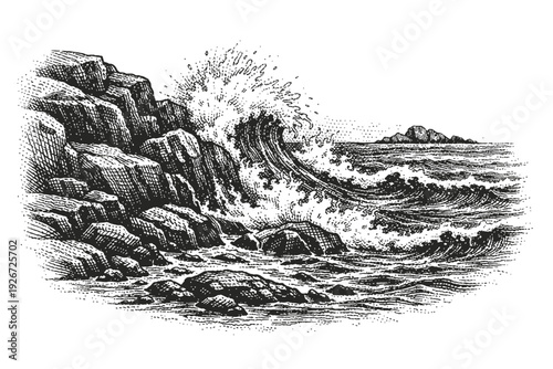 Powerful Vintage Woodcut Ocean Waves Crashing Against Rocky Coastline with Distant Island. Detailed Engraved Seascape Depicts Dramatic Sea Spray, Foam, Nature's Raw Force & Timeless Beauty.