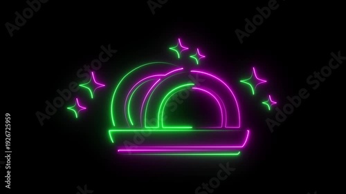 Neon libra zodiac symbol with glowing stars in green and purple animated on a black background, abstract motion graphic, seamless loop