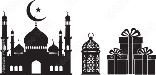 A vector illustration of a landmark mosque silhouette in Istanbul featuring intricate architecture and city tower design for travel and religious art