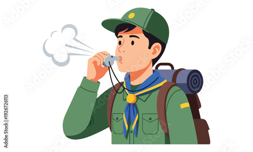 Young Scout Blowing Whistle, Wearing Uniform and Backpack