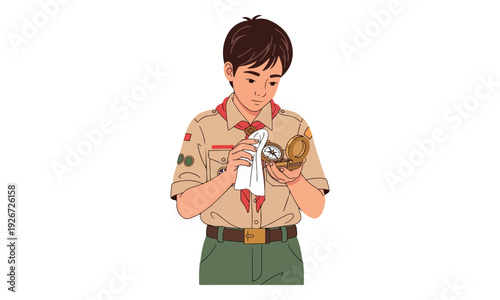 Boy Scout Cleaning and Inspecting a Golden Compass