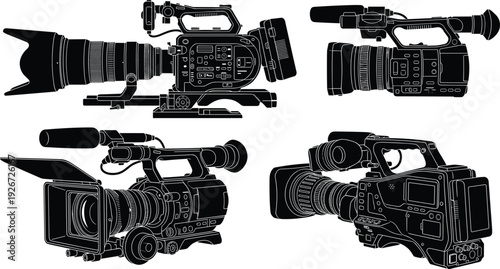 Professional video camera silhouettes set, broadcast camcorder equipment illustration, filmmaking production gear, cinema lens technology, media recording devices collection