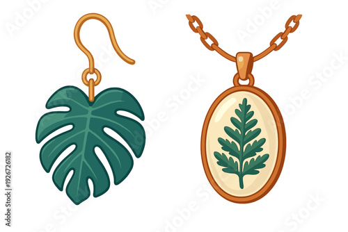 Tropical botanical jewelry set with monstera leaf earring and fern pendant necklace