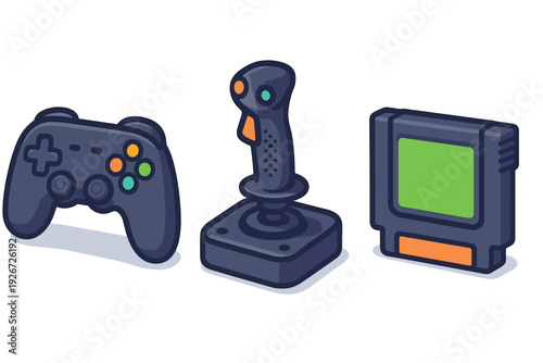 Set of video game peripherals including a gamepad, flight joystick, and retro cartridge