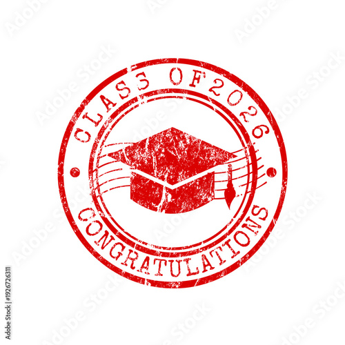 Class of 2026 congratulations graduates banner, golden text with mortarboard on blue background, vector illustration